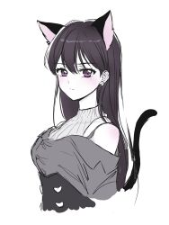Rule 34 | 1girl, animal ears, bang dream!, bang dream! it&#039;s mygo!!!!!, blush, brown hair, cat ears, cat girl, cat tail, commentary, earrings, grey shirt, hashtag-only commentary, highres, jewelry, kemonomimi mode, long hair, looking at viewer, mole, mole under eye, off shoulder, ppora, purple eyes, ribbed sweater, shiina taki, shirt, simple background, sleeveless, sleeveless sweater, solo, sweater, tail, upper body, white background, white sweater