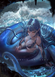 Rule 34 | absurdres, bare shoulders, blue eyes, blue hair, breasts, character request, cleavage, closed mouth, copyright request, eyebrows, highres, long hair, mermaid, monster girl, pointy ears, sitting, solo, yi cat