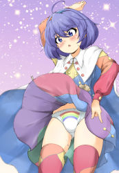 Rule 34 | 1girl, ahoge, blush, cape, commentary request, cowboy shot, dress, hair between eyes, hairband, highres, long sleeves, mepikari, multicolored clothes, multicolored hairband, multicolored legwear, open mouth, panties, patchwork clothes, pointing, pointing down, pointing up, pouch, purple background, purple eyes, purple hair, rainbow gradient, rainbow print, rainbow underwear, red button, short hair, sky print, sparkle, sweatdrop, tenkyuu chimata, thighhighs, touhou, triangle mouth, two-sided cape, two-sided fabric, underwear, white cape, white panties, wind, wind lift, zipper