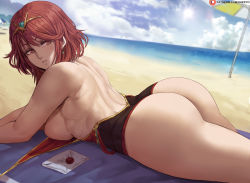 Rule 34 | 1girl, ass, beach, blue sky, blush, breasts, clothes pull, day, from behind, large breasts, lips, looking at viewer, looking back, lying, nintendo, ocean, on stomach, one-piece swimsuit, one-piece swimsuit pull, outdoors, pyra (xenoblade), red eyes, red hair, sand, shexyo, short hair, sky, smash invitation, solo, super smash bros., swept bangs, swimsuit, water, xenoblade chronicles (series), xenoblade chronicles 2