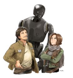 Rule 34 | 1boy, 1girl, animification, beard, belt, brown hair, cassian andor, facial hair, holster, insignia, jacket, jyn erso, k-2so, matsuri6373, mecha, robot, rogue one: a star wars story, scarf, science fiction, signature, star wars, vest, white background