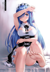 Rule 34 | 1girl, absurdres, alternate hair length, alternate hairstyle, arm up, ayamy, bare arms, bare legs, bare shoulders, barefoot, bed sheet, blue eyes, blue hair, blush, bow, bowtie, breasts, closed mouth, convenient leg, dress, feet, foot focus, foreshortening, gradient background, hair ornament, hair over one eye, highres, leg up, long hair, looking at viewer, maid, medium breasts, re:zero kara hajimeru isekai seikatsu, rem (re:zero), roswaal mansion maid uniform, scan, simple background, sitting, sleeveless, solo, sweat, sweatdrop, toes, x hair ornament