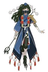 Rule 34 | 1girl, adapted costume, armor, asymmetrical sleeves, bird legs, bird mask, black hair, black legwear, blue hat, blue kimono, covered mouth, full body, hat, highres, holding, holding polearm, holding weapon, iizunamaru megumu, japanese clothes, kimono, long hair, looking at viewer, mask, nanasuou, polearm, pom pom (clothes), red eyes, shoulder armor, simple background, solo, standing, tokin hat, touhou, uneven sleeves, weapon, white background