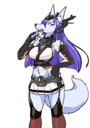 Rule 34 | 1girl, breasts, cosplay, female focus, furry, furry female, kantai collection, kazuhiro, long hair, open mouth, purple eyes, purple hair, simple background, skirt, solo, white background, wolf