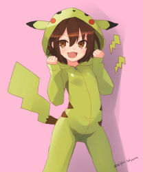 Rule 34 | 1girl, brown hair, cosplay, creatures (company), eight tohyama, game freak, gen 1 pokemon, hair ornament, hairclip, highres, hood, hoodie, ikazuchi (kancolle), kantai collection, nintendo, open mouth, pikachu, pikachu (cosplay), pikachu costume, pokemon, short hair, solo