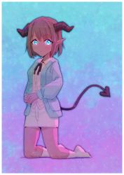 Rule 34 | 1girl, absurdres, aqua cardigan, black horns, black ribbon, blue background, blue eyes, blush, bob cut, border, breasts, brown hair, buttons, cardigan, choco (rune (dualhart)), closed mouth, collared shirt, dark-skinned female, dark skin, demon girl, demon tail, expressionless, female focus, full body, gradient background, hair intakes, highres, horns, huge filesize, kneeling, light blush, light particles, long sleeves, looking at viewer, miniskirt, neck ribbon, open cardigan, open clothes, original, own hands together, pencil skirt, pointy ears, purple background, ribbon, rune (dualhart), shirt, short hair, sidelocks, simple background, sketch, skirt, small breasts, socks, solo, tail, two-tone background, white border, white skirt, white socks, yellow shirt
