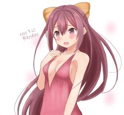 Rule 34 | 1girl, alternate costume, ame-san, breasts, commentary request, dated, dress, jewelry, kamikaze (kancolle), kantai collection, long hair, necklace, one-hour drawing challenge, open mouth, pearl necklace, pink dress, plunging neckline, purple eyes, purple hair, small breasts, solo, twitter username, upper body, white background