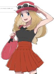 1girl :d bag blonde_hair breasts collared_shirt commentary_request cowboy_shot creatures_(company) eyelashes eyewear_on_headwear game_freak grey_eyes hand_on_headwear happy hat highres holding_strap long_hair mocollie nintendo open_mouth pink_bag pleated_skirt pokemon pokemon_xy red_skirt serena_(pokemon) shirt skirt sleeveless sleeveless_shirt smile solo sunglasses teeth thighhighs upper_teeth_only white-framed_eyewear white_background