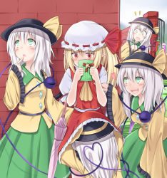 Rule 34 | 4girls, 6+girls, :d, :o, ascot, ass, ass grab, blonde hair, blush, clone, closed eyes, commentary, covering face, covering privates, fang, female focus, female pervert, finger to mouth, flandre scarlet, four of a kind (touhou), gift, green eyes, hat, hat ribbon, heart, heart of string, hong meiling, komeiji koishi, long hair, long sleeves, looking away, looking up, multiple girls, open mouth, own hands together, patchouli knowledge, pervert, pointy ears, poking, purple hair, red eyes, red hair, ribbon, short hair, silver hair, skirt, sleeves past wrists, smile, suzushiro yukari, third eye, touhou, umbrella, under another&#039;s clothes, under skirt, wide sleeves, wings, yuri