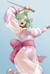 Rule 34 | 1girl, :d, absurdres, back bow, blue background, bow, breasts, cowboy shot, dagger, dual wielding, earrings, ellis (toushinden), from below, green eyes, green hair, highres, holding, ivuki, jewelry, knife, leotard, looking at viewer, medium breasts, necklace, open mouth, parted bangs, pink bow, reverse grip, round teeth, see-through, see-through sleeves, shoes, short hair, simple background, smile, solo, standing, standing on one leg, teeth, tongue, toushinden, weapon, white footwear, white leotard