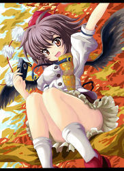 Rule 34 | 1girl, arm up, black wings, blurry, branch, camera, depth of field, female focus, hat, highres, letterboxed, looking at viewer, north abyssor, open mouth, shameimaru aya, short hair, sitting, smile, socks, solo, thighs, touhou, white socks, wings