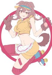 Rule 34 | :p, absurdres, animal ears, animal hands, blouse, blush, bone-shaped pupils, bone hair ornament, braid, breasts, brown eyes, brown hair, collar, dog ears, dog girl, dog tail, doggy god&#039;s street, dolphin shorts, gloves, hair between eyes, hair ornament, hairclip, highres, hololive, inugami korone, large breasts, looking at viewer, low twin braids, midriff, paw gloves, roller skates, shinomu (cinomoon), shirt, shorts, side braids, simple background, skates, sleeveless, sleeveless shirt, spiked collar, spikes, symbol-shaped pupils, tail, tongue, tongue out, twin braids, virtual youtuber, visor cap, white background, yellow shirt