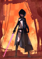 Rule 34 | 1girl, 32zzz, asymmetrical jacket, black bra, black footwear, black gloves, black hair, black jacket, black rock shooter, boots, bra, commentary request, crossover, energy sword, fire, flat chest, full body, gloves, hair between eyes, highres, holding lightsaber, hood, hooded jacket, jacket, lightsaber, one eye covered, red eyes, red lightsaber, solo, star wars, sword, underwear, weapon