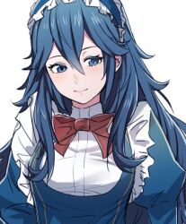 Rule 34 | 1girl, alternate costume, ameno (a meno0), blue eyes, blue hair, bow, bowtie, fire emblem, fire emblem awakening, frills, long hair, long sleeves, looking at viewer, lowres, lucina (fire emblem), maid, maid headdress, nintendo, smile, solo, symbol-shaped pupils, upper body, white background