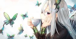 Rule 34 | 1girl, absurdres, bug, butterfly, butterfly hair ornament, colored eyelashes, cup, echidna (re:zero), from side, hair between eyes, hair ornament, hand on own face, highres, insect, long hair, long sleeves, looking at viewer, pink eyes, re:zero kara hajimeru isekai seikatsu, smile, solo, teacup, white hair, yo kono wa
