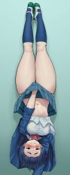 Rule 34 | 1girl, absurdres, adachi sakura, adachi to shimamura, blue hair, blush, breasts, curvy, embarrassed, half-closed eyes, handstand, highres, large breasts, legs, lycoris challenge (meme), meme, navel, one arm handstand, panties, pantyshot, school uniform, shashicomms, shoes, short hair, skirt, socks, solo, split mouth, thick thighs, thighs, underwear, upside-down