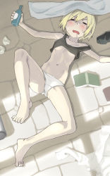 Rule 34 | 1girl, = =, barefoot, blonde hair, blush, book, bottle, breasts, drooling, covered erect nipples, erica hartmann, closed eyes, feet, floor, holding, lying, navel, no pants, on back, panties, saliva, satou atsuki, short hair, small breasts, solo, strike witches, sweat, tank top, towel, underwear, white panties, world witches series, yoshdia0201