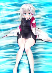 Rule 34 | 1girl, armband, azur lane, bad id, bad pixiv id, bare legs, blue eyes, blush, commentary request, denver (azur lane), hair between eyes, hair ornament, hairclip, jacket, looking at viewer, lying, open mouth, panties, pantyshot, silver hair, solo, underwear, water, white panties