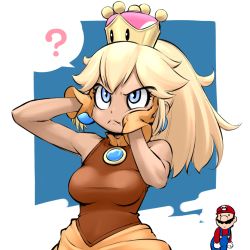 Rule 34 | 1boy, 1girl, artist request, bare shoulders, blonde hair, blue eyes, blue overalls, breasts, brooch, closed mouth, crown, dress, earrings, fangs, fangs out, frown, gloves, goomba, hands on own face, hat, jewelry, long hair, looking up, mario, mario (series), medium breasts, new super mario bros. u deluxe, nintendo, orange gloves, overalls, ponytail, red hat, sleeveless, sleeveless dress, source request, super crown