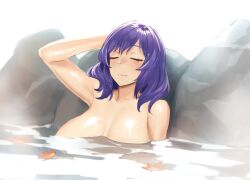 Rule 34 | 1girl, breasts, closed eyes, closed mouth, collarbone, commentary request, hand on own head, large breasts, leaf, medium hair, nude, onsen, partially submerged, purple hair, ranma (kamenrideroz), short hair, solo, touhou, water, wet, yasaka kanako