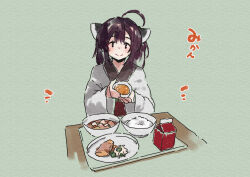 Rule 34 | 1girl, ahoge, blush, bowl, brown eyes, brown hair, closed mouth, food request, green background, headgear, holding, holding bowl, japanese clothes, kimono, lamb (hitsujiniku), long sleeves, looking at viewer, notice lines, rice, simple background, smile, solo, table, touhoku kiritan, translation request, tray, upper body, voiceroid, white kimono, wide sleeves