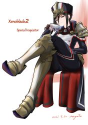 Rule 34 | 1girl, 2021, armored boots, black coat, black hair, black pants, boots, brown eyes, closed mouth, coat, copyright name, crossed legs, full body, gloves, hair between eyes, highres, invisible chair, long sleeves, looking at viewer, military, military uniform, morag ladair (xenoblade), nayuta-kanata, pants, short hair, signature, sitting, solo, uniform, white background, white gloves, xenoblade chronicles (series), xenoblade chronicles 2