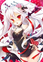 Rule 34 | 1girl, :o, artist name, azur lane, bare shoulders, black bow, black dress, blush, bow, box, breasts, chain, china dress, chinese clothes, cleavage, commentary request, dated, diagonal stripes, dress, fang, hair between eyes, hair bow, hair ornament, heart, heart-shaped box, heart hair ornament, heart in eye, koyama sao, long hair, looking at viewer, medium breasts, parted lips, polka dot, red eyes, short dress, side slit, sidelocks, silver hair, sleeveless, sleeveless dress, solo, sparkle, striped, symbol in eye, twintails, vampire (azur lane), vampire (the breath of spring) (azur lane), very long hair, white background