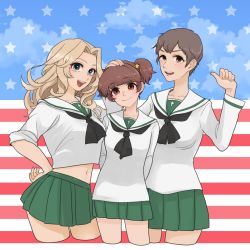 Rule 34 | 10s, 3girls, alisa (girls und panzer), alternate costume, american flag, arms behind back, bad id, bad pixiv id, blonde hair, blouse, blue eyes, brown eyes, brown hair, closed mouth, cowboy shot, cropped legs, flag background, freckles, girls und panzer, green skirt, hair intakes, hair ornament, hand on another&#039;s head, hand on own hip, hao (udon), highres, kay (girls und panzer), long hair, long sleeves, looking at viewer, midriff, miniskirt, multiple girls, naomi (girls und panzer), navel, neckerchief, ooarai school uniform, open mouth, parted lips, pleated skirt, school uniform, serafuku, shirt, short hair, short twintails, side-by-side, skirt, sleeves rolled up, smile, standing, star (symbol), star hair ornament, twintails, very short hair, white shirt