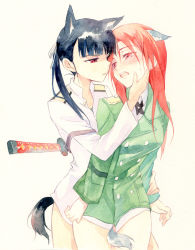 Rule 34 | 2girls, agahari, animal ears, black hair, eye contact, imminent kiss, long hair, looking at another, military, military uniform, minna-dietlinde wilcke, multiple girls, open mouth, painting (medium), ponytail, red eyes, red hair, sakamoto mio, simple background, strike witches, sweat, sword, tail, traditional media, uniform, watercolor (medium), weapon, world witches series, yuri