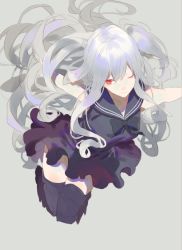 Rule 34 | 10s, 1girl, abyssal ship, aircraft carrier oni, black dress, bow, dress, grey background, kantai collection, long hair, no panties, one eye closed, one side up, outstretched arms, red cucumber, red eyes, sailor dress, silver hair, simple background, solo, thighhighs, very long hair