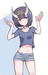 Rule 34 | 1girl, absurdres, bad id, bad pixiv id, blunt bangs, casual, contemporary, cowboy shot, fate/grand order, fate (series), highres, horns, ildy, looking to the side, midriff, navel, oni, purple eyes, purple hair, short hair, short sleeves, shorts, shuten douji (fate), skin-covered horns, smile, solo, thighs