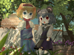 Rule 34 | 2girls, absurdres, alice margatroid, animal ears, blonde hair, blue dress, blue eyes, capelet, closed mouth, commentary, cookie (touhou), dappled sunlight, day, dress, ekaapetto, feet out of frame, finger to cheek, flower, frilled hairband, frills, grey hair, grey skirt, grey vest, hairband, highres, ichigo (cookie), jewelry, long sleeves, looking at viewer, mouse ears, mouse girl, mouse tail, multiple girls, nazrin, neckerchief, necklace, nyon (cookie), open mouth, outdoors, purple flower, red eyes, red flower, red hairband, red neckerchief, red sash, sash, shirt, short hair, skirt, skirt set, smile, socks, sunlight, tail, touhou, tree, vest, wall, white capelet, white legwear, white shirt