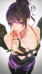 Rule 34 | 1girl, absurdres, alternate costume, bare shoulders, black hair, blunt bangs, breasts, cleavage, commentary request, crossed arms, dead or alive, dead or alive 6, finger to mouth, highres, hime cut, index finger raised, large breasts, long hair, looking at viewer, mole, mole under mouth, multicolored hair, nyotengu, purple eyes, solo, thighhighs, wings, zubon no onara