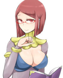 Rule 34 | 1girl, armlet, blunt bangs, bob cut, bodysuit, book, bracelet, breasts, bridal gauntlets, cleavage, cleavage cutout, clenched hand, clothing cutout, cosplay, dark mage (fire emblem awakening), fire emblem, fire emblem awakening, glasses, hair ornament, half-closed eyes, jewelry, large breasts, light smile, looking at viewer, miriel (fire emblem), neck ring, nintendo, official alternate costume, open book, pink eyes, pink hair, red-framed eyewear, shougayaki (kabayaki 3), simple background, smile, solo, tharja, tharja (cosplay), tharja (fire emblem), upper body, white background