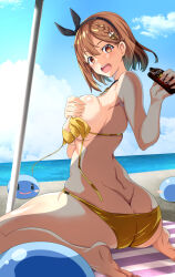 Rule 34 | 1girl, ass, atelier (series), atelier ryza, atelier ryza 1, barefoot, beach, beach towel, bikini, breasts, brown hair, butt crack, hair ornament, lyza (made in abyss), moroheiya (moroheiya-works), on ground, open mouth, reisalin stout, swimsuit, tagme, towel