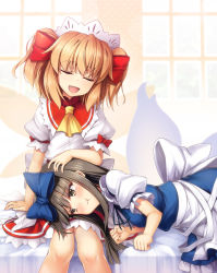 2girls, :d, :t, ascot, bangs, black hair, blue bow, blunt bangs, bow, chima q, clenched hands, commentary request, earrings, eyebrows visible through hair, eyes closed, fairy wings, fang, hair bow, hand on another&#039;s head, highres, hime cut, jewelry, lap pillow, long hair, lying, multiple girls, on side, open mouth, orange hair, pout, puffy short sleeves, puffy sleeves, short hair, short sleeves, sidelocks, sitting, smile, star sapphire, sunny milk, touhou, twintails, wings, yellow neckwear