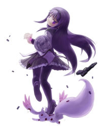 Rule 34 | 10s, 1girl, akemi homura, aserora, black hair, boots, bullet hole, gun, hairband, highres, kyubey, long hair, looking back, magical girl, mahou shoujo madoka magica, mahou shoujo madoka magica (anime), pantyhose, pleated skirt, purple eyes, shell casing, skirt, solo, thigh boots, thighhighs, weapon