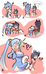 Rule 34 | !?, 3girls, :3, ?, ahri (league of legends), animal ears, aqua hair, bare shoulders, black hair, blue eyes, blue hair, blush, braid, breasts, bulge, character request, cleavage, comic, drinking, erection, erection under clothes, fox ears, fox tail, futanari, hands in pockets, heart, highres, large breasts, league of legends, long hair, mars symbol, multiple girls, nanquan zhanglang, no panties, open mouth, red eyes, smile, sona (league of legends), spoken mars symbol, spoken venus symbol, standing, surprised, sweatdrop, tail, twintails, venus symbol, yellow eyes