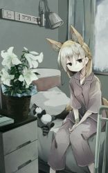 Rule 34 | 1girl, alternate costume, animal ear fluff, animal ears, bed, between legs, black eyes, blonde hair, commentary, curtains, extra ears, fennec (kemono friends), flower, flower request, fox ears, fox girl, fox tail, hair between eyes, hand between legs, highres, indoors, kemono friends, light smile, lily (flower), looking at viewer, medium hair, nanana (nanana iz), on bed, pants, plant, potted plant, sitting, solo, stuffed raccoon, tail