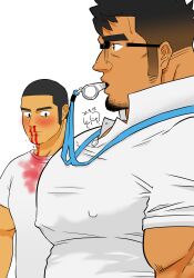 Rule 34 | 2boys, absurdres, age difference, aroused nosebleed, bara, blood, blood on clothes, blush, chicu, coach, covered erect nipples, dark-skinned male, dark skin, dated, facial hair, from side, girl staring at guy&#039;s chest (meme), goatee, highres, large pectorals, long sideburns, looking at another, looking at pectorals, male focus, mature male, meme, multiple boys, muscular, muscular male, original, pectoral focus, pectorals, short hair, sideburns, sideburns stubble, solo focus, stubble, teacher and student, thick eyebrows, upper body, whistle, whistle around neck, yaoi