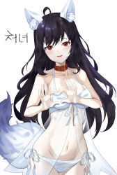 Rule 34 | 1girl, absurdres, ahoge, animal ear fluff, animal ears, ara haan, babydoll, bare arms, bare shoulders, black hair, breasts, collar, collarbone, commission, cowboy shot, elsword, fox ears, fox girl, fox tail, halterneck, heart, heart hands, highres, lingerie, long hair, looking at viewer, medium breasts, navel, nogong, open mouth, panties, red eyes, see-through, side-tie panties, smile, solo, spaghetti strap, stomach, tail, underwear, underwear only, white background, white panties