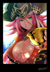 Rule 34 | 10s, 1girl, bare shoulders, blue eyes, breasts, choker, cleavage, clenched teeth, coat, fate/extra, fate/grand order, fate (series), francis drake (fate), grin, hat, large breasts, long hair, open mouth, pink hair, scar, smile, teeth