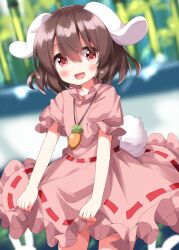 Rule 34 | 1girl, :d, animal ears, blurry, blurry background, blush, brown hair, dress, flat chest, floppy ears, hair between eyes, highres, inaba tewi, looking at viewer, open mouth, petite, pink dress, rabbit ears, rabbit tail, ruu (tksymkw), short hair, skirt, skirt tug, smile, solo, tail, touhou