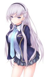 Rule 34 | alternate costume, aqua neckwear, arms behind back, azur lane, belfast (azur lane), black hairband, blazer, blue eyes, blue jacket, blue skirt, blush, braid, breasts, buttons, choker, collared shirt, french braid, hair over shoulder, hairband, hajika, highres, jacket, large breasts, leaning forward, long hair, long sleeves, looking at viewer, open clothes, open jacket, parted lips, pleated skirt, school uniform, shirt, sidelocks, silver hair, simple background, skirt, smile, solo, standing, striped clothes, striped skirt, thighs, uniform, very long hair, white background, white shirt