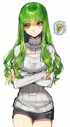 Rule 34 | 1girl, breasts, c.c., code geass, creayus, earrings, food, green hair, jewelry, long hair, looking at viewer, medium breasts, meme attire, miniskirt, open-chest sweater, pizza, pizza slice, skirt, solo, spoken food, sweater, thinking, yellow eyes