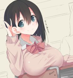 Rule 34 | 1girl, black hair, blue eyes, bow, breast rest, breasts, classroom, desk, hair between eyes, highres, large breasts, listening, looking at viewer, looking back, nao (qqqbb), original, school, school desk, school uniform, sitting, smile, solo focus, sweater, taut clothes