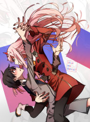 Rule 34 | 10s, 1boy, 1girl, black hair, black pantyhose, blush, boots, couple, dancing, darling in the franxx, face-to-face, hands on another&#039;s waist, hiro (darling in the franxx), holding hands, horns, long hair, long sleeves, looking at another, military, military uniform, necktie, nirak, oni horns, pantyhose, pink hair, red neckwear, short hair, uniform, white footwear, zero two (darling in the franxx)