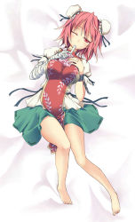 Rule 34 | 1girl, bandages, bare legs, barefoot, breasts, bun cover, chain, chinese clothes, cuffs, double bun, feet, female focus, flower, ibaraki kasen, izana, lying, minagi, on back, one eye closed, pink eyes, pink hair, rose, short hair, solo, touhou, wink