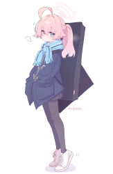 Rule 34 | 1girl, ahoge, black coat, black pantyhose, black skirt, blue archive, blue eyes, blue scarf, blush, closed mouth, coat, full body, hair between eyes, highres, hoshino (blue archive), long hair, looking at viewer, open clothes, open coat, pantyhose, pink hair, pleated skirt, ponytail, ruten (onakasukusuku), scarf, shoes, simple background, skirt, solo, twitter username, white background, white footwear, yellow eyes
