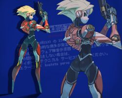 Rule 34 | 1girl, absurdres, ass, blonde hair, blue background, blue screen of death, bodysuit, cyberpunk, cyborg, drop shadow, frown, full body, green eyes, gun, highres, holding, holding gun, holding weapon, joints, koutetu yarou, looking at viewer, looking back, mechanical ears, no feet, original, robot joints, science fiction, shadow, short hair, solo, very short hair, weapon, zoom layer